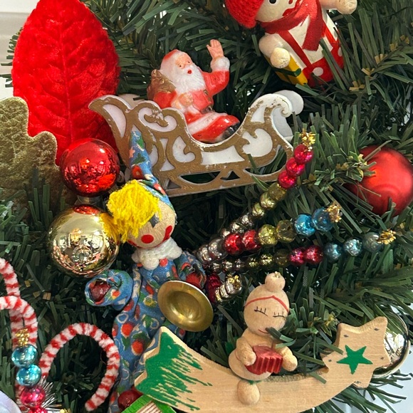 Vintage Repurposed Festive Holiday Wreath with Red Accents - Picture 5 of 10